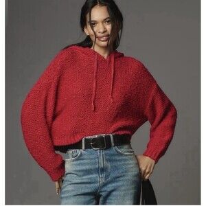 Pilcro Anthropologie Womens Oversized Red Sailcloth Hooded Sweater Sz XXS